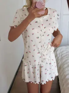 ZESTY Lush Sweet Ditsy Floral Frill Trim Short Sleeve & Shorts Pajama Set For Women