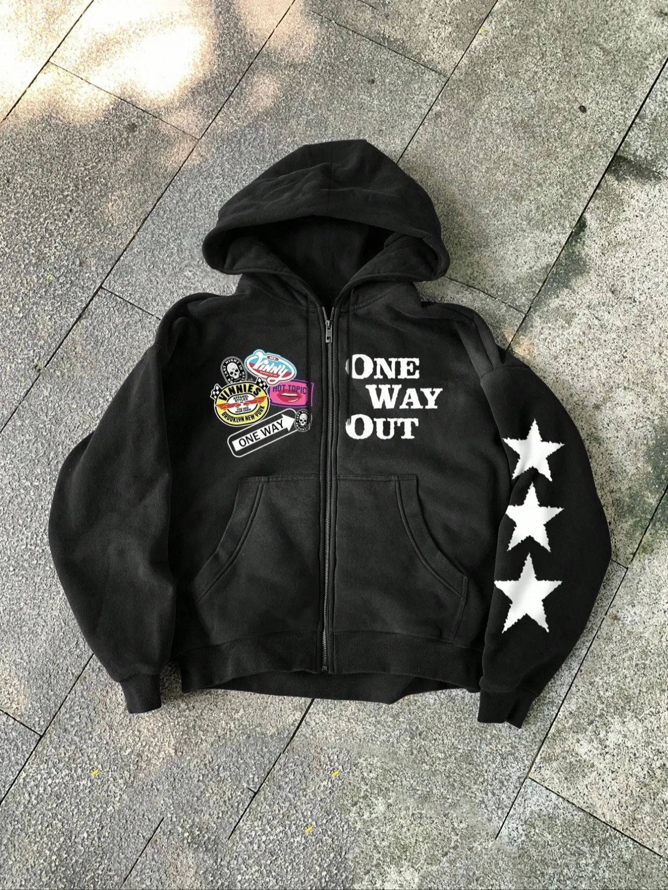 Unisex Y2K Style Premium Hoodie with "One way out" Letter Print and Colorful Badges, Fall & Winter Zipper Jacket, Streetwear, Fitted, Couples Gift, Friday Present, Casual Streetwear Hoodie, Graphic Print Hoodie