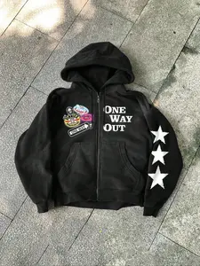 Unisex Y2K Style Hoodie with "One way out" Letter Print and Colorful Badges, Fall & Winter Zipper Jacket, Streetwear, Couples Gift, Friday Present