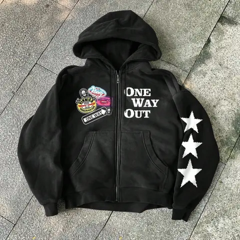 Unisex Y2K Style Slogan Hoodie with "One way out" Letter Print and Colorful Badges, Fall & Winter Zipper Jacket, Streetwear, Couples Gift, Friday Present