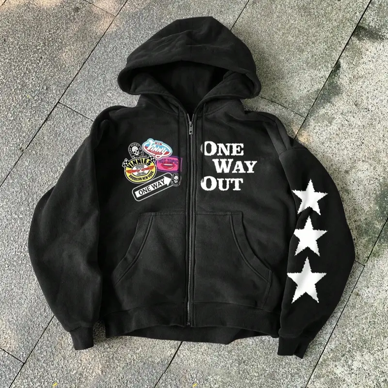 Unisex Y2K Style Slogan Hoodie with "One way out" Letter Print and Colorful Badges, Fall & Winter Zipper Jacket, Streetwear, Couples Gift, Friday Present