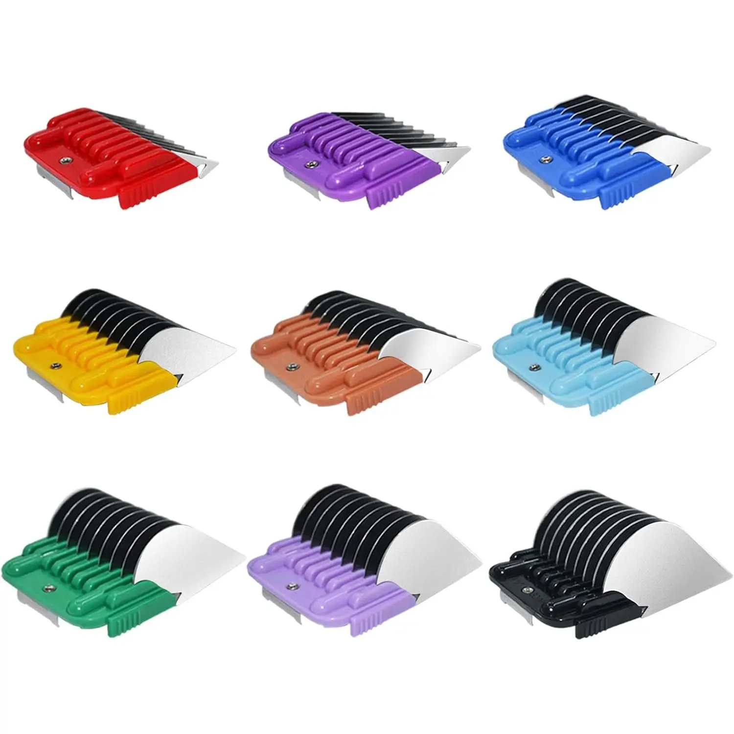Professional Animal Stainless Steel Attachment 9 Color Guide Comb Set,Compatible with Andis, Oster A5, Wahl KM Series Clipper Detachable Blade Pet, Dog, Cat, and Horse Clippers