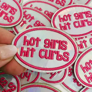 2.5" Hot Girls Hit Curbs PINK & SILVER  -  Embroidered Hat Patch