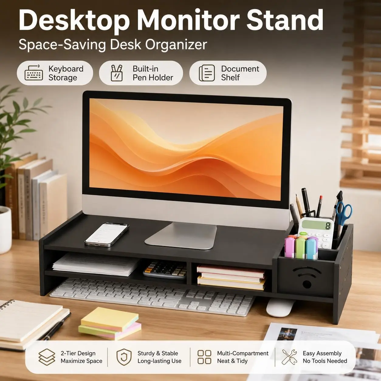 Desktop Computer Riser Monitor Stand Display Holder Screen Base Holder, 2-Tier Desk Shelf with Storage Organizer, Adjustable Height Keyboard Tray, 2 Tier Ergonomic Shelf 4.3 Inch Height Desk Organizer for Home Office, Wooden Monitor Stand Riser