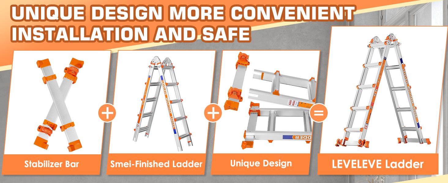 LEVELEVE Extendable Telescopic Multi-Position Ladder - Convertible Modes, A-Frame Step Ladder with Stabilizer Bars, Narrow Folded Width, 330LBS Load Capacity, Wheels, Safe for Home & Outdoor Roof Work, Extendable Telescopic Ladders