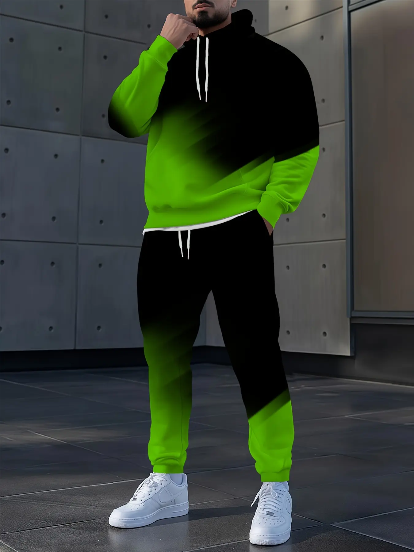 Green gradient full-body digital printed men's hoodie set, sports shirt, simple casual long-sleeved pullover hooded sweater + drawstring casual pants 2-piece set, male and female couples set, factory direct sales, Athleisure Sweatsuit