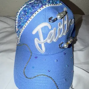 Faith Baby Blue Camo Trucker Hat with Bling Details and Bold Style for Expressing Faith and Making a Fashionable Statement