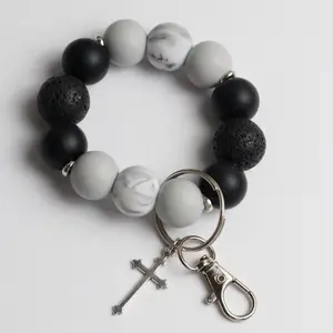 Practical Handmade Keychain - Inspiring Marble Silicone Beads, Lava Rocks, Cross Charm Design for Stylish Keychain Fashion Accessory