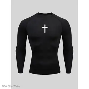 Men's Cross Print Round Neck Sports Tee, Tight Sporty Quick Drying Breathable Long Sleeve Comfort Color T Shirts , Men's Sportswear for Spring & Fall Gym Workout, 90s Clothes, Graphic Tees, Workout Clothes, Gym Clothing, Athletic Sports Clothing