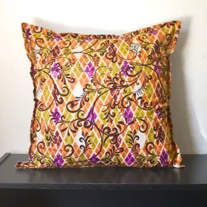African Home Collection Cotton Sofa Throw Pillow in Orange, Avocado, and Purple Geometric Diamond Design with Regal Swirls - Handmade Cotton Print Fabric