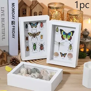 A Wooden Display Box with a Depth of 3Cm (Frame Only) Is Available in Black And White Colors. It Comes in Three Inner Dimensions: 5X7 Inches, 6X8 Inches, And 7.9X7.9 Inches, Suitable for Showcasing Insect Specimens, Shells, Stamps, Home Decoration