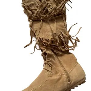 Minnetonka Women's Front Lace Knee High Boots with Fringe Detail and Zipper Closure