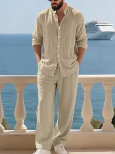 Men's Solid Linen Breathable Button Front Long Sleeve Shirt, Relaxed Fit Casual Linen Pants Set, Vacation Style, Comfortable Two-Piece