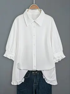 Women's New Plaid Shirt Blouse with Ruffle Collar and Ruffled Sleeveless Design, Loose Fit Spring & Fall Fashion Top for Casual Wear Womenswear