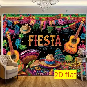 1pc Mexican Backdrop Vibrant Carnival Design Cactus Guitar Colorful Stripes Pattern for Birthday Cinco De Mayo Photo Booth