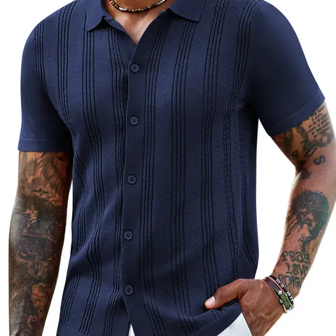 COOFANDY Men's Knit Shirts Short Sleeve Casual Button Down Polo Shirt Summer Beach Vacation Shirts Outfit Top