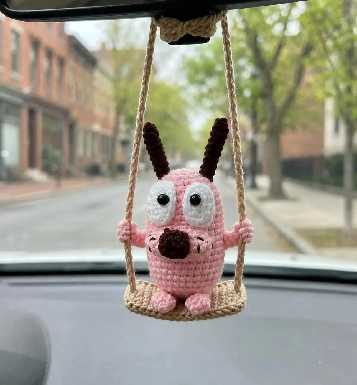 Crochet Scared Pink Dog Car Hanging - Cute Rearview Mirror Hanging, Handmade Amigurumi Dog, Funny Gift for Him Her, Car Accessories