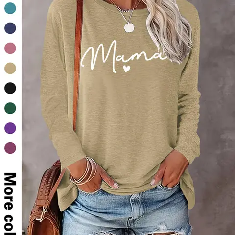 Women's Letter & Heart Print Round Neck Tee, Casual Long Sleeve Crew Neck T-shirt for Fall & Winter, Women's Clothes for Daily Wear