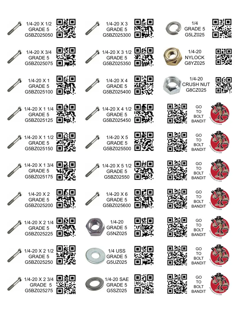 DIY 1"  X  2.75" LABELS GRADE 5 COARSE THREAD 1/4 - 1/2 (LABELS ONLY)
