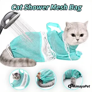 Cat Bathing Grooming Bag - MultifunctionalAdjustable Breathable Restraint Shower Bagwith Anti-Bite and Anti-Scratch Features inGreen (Not exceeding 15.5 lb)