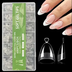 600Pcs Short Almond Gel Nail Tips: Half Cover Extra Short Fake Nail Tips Almond Shape 12sizes Pre Etched Salon Quality Soft Natural Artificial Gelly Tips Press On Nails for Home Nails Extension Glossy Fake Nails