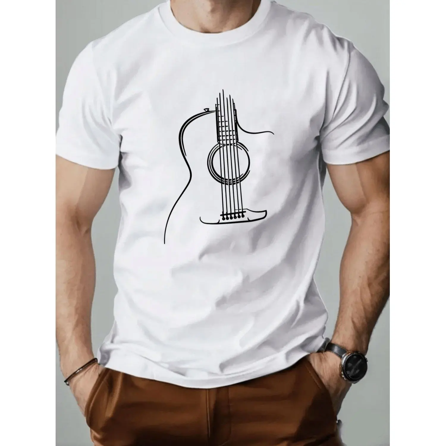 S Guitar Line Art Music Notes Guitar Chord Design Breathable Moisture Wicking T Shirt Perfect for Musicians Casual Concerts Activities Season Crew Neck