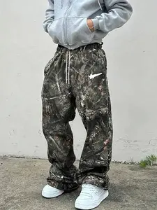 Men's Casual Camo Pants with Meteor Print, Loose-Fit Drawstring Wide Leg Joggers, All-Season Comfortable Men's Clothing