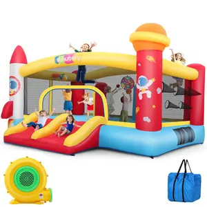 Whubefy Inflatable Bounce House for Kids 3-8 Space Rocket-Themed Bouncy Castle with Ball Toss Game, Animal Astronaut Cosplay, Slide & Blower, Basketball Rim, Toddler Indoor Outdoor,Birthday Party,Gifts for Kids