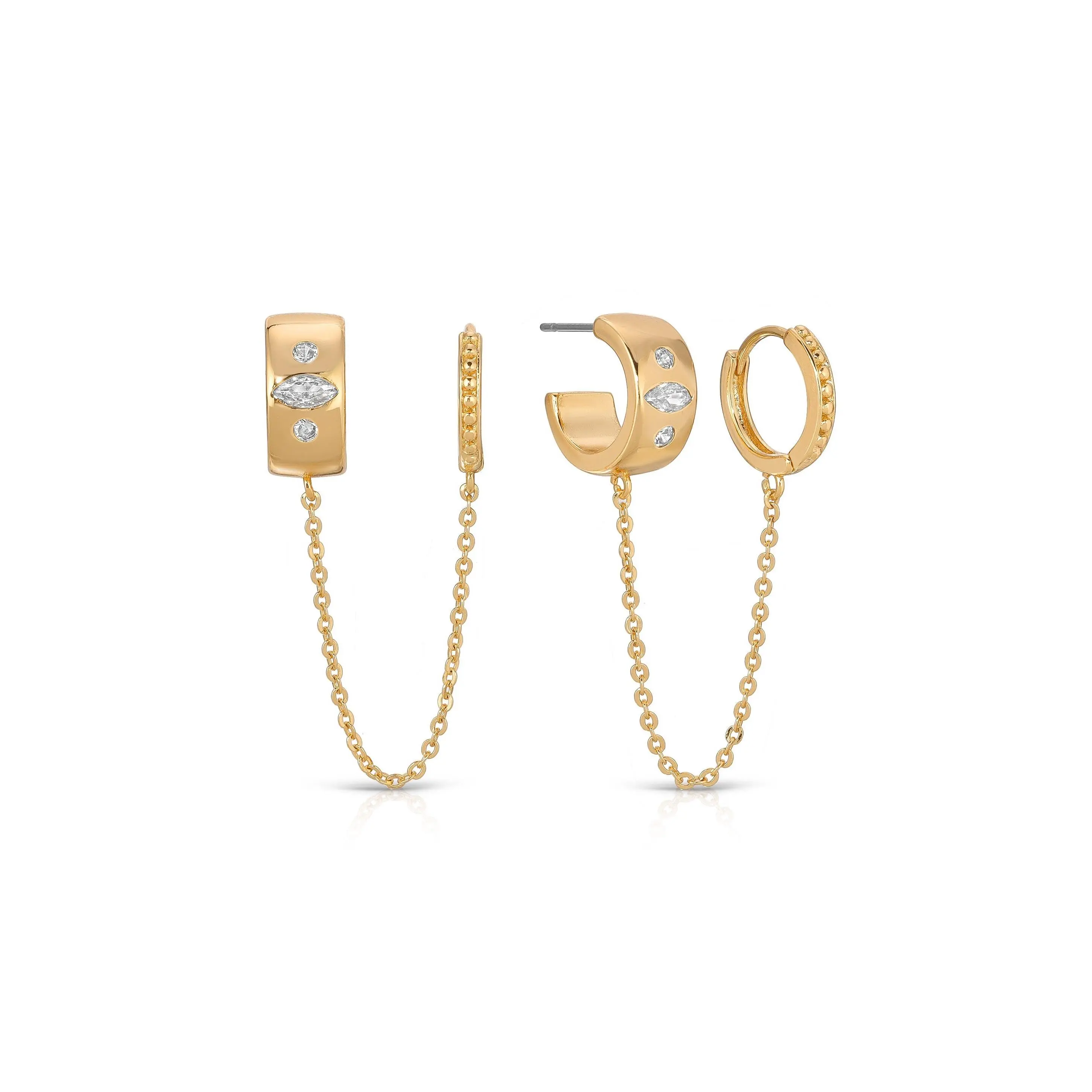 Ettika Double Piercing Bezel Crystal Dangle Earrings 18k Gold Plated CZ Fashion Jewelry for Women