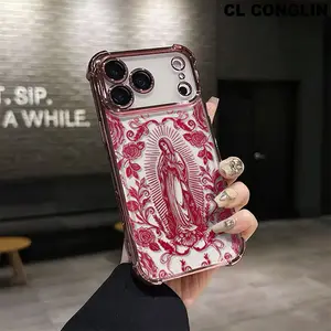 Luxury Crystal Protective Customized Mobile Phone Case, Red Flowers & Virgin Mary Pattern, 4-Corner Drop-Proof TPU, Shockproof Full Camera Protection, Durable Slim Silicone Cover for iPhone 17 Pro Max, 16, 15, 14 Pro Max, 13, 12, 11 Plus, Accessories