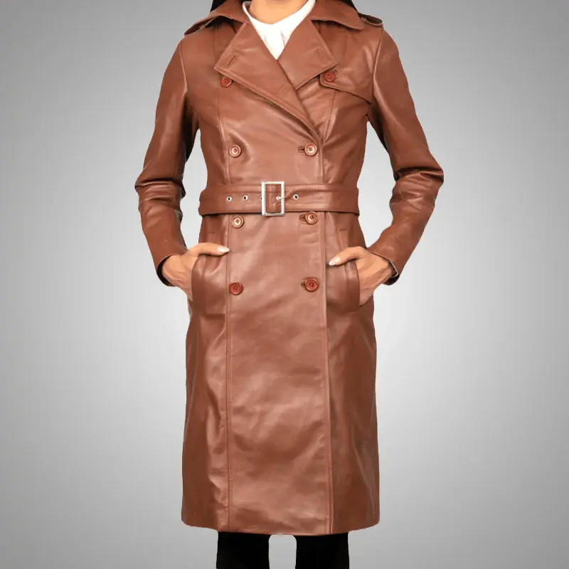 Cuir Jacket Women Double Breasted Leather Coat for Women - Premium Cowhide, Fitted Design, Long Sleeve, Tumble Dry Low Care, Two Outside Pockets, Classic Style for Office Wear