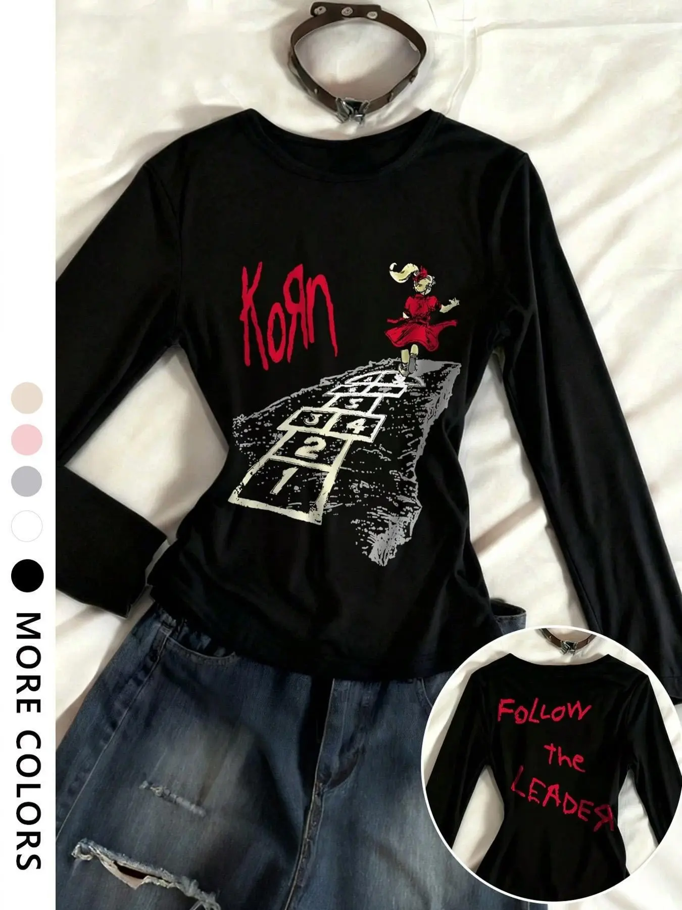 Women's Korn Follow Leader Pattern Loose Long Sleeve T-Shirt Tee, 90s Rock Band Streetwear Street Style Casual Party Shirt, Daily Wear Everyday Top