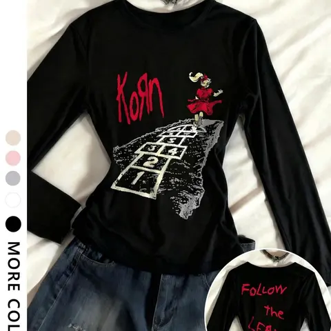 Women's Korn Follow Leader Pattern Loose Long Sleeve T-Shirt Tee, 90s Rock Band Streetwear Street Style Casual Party Shirt, Daily Wear Everyday Top