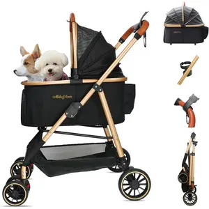 MILA&LOUIS Dog Stroller for Medium Dogs, Lightweigh Pet Stroller for Small Dogs with 4 Upgraded Wheel, Dog Strollers with Cup Holder, Hook, Fashion Gold Puppy Stroller with Detachable Aluminum Cradle