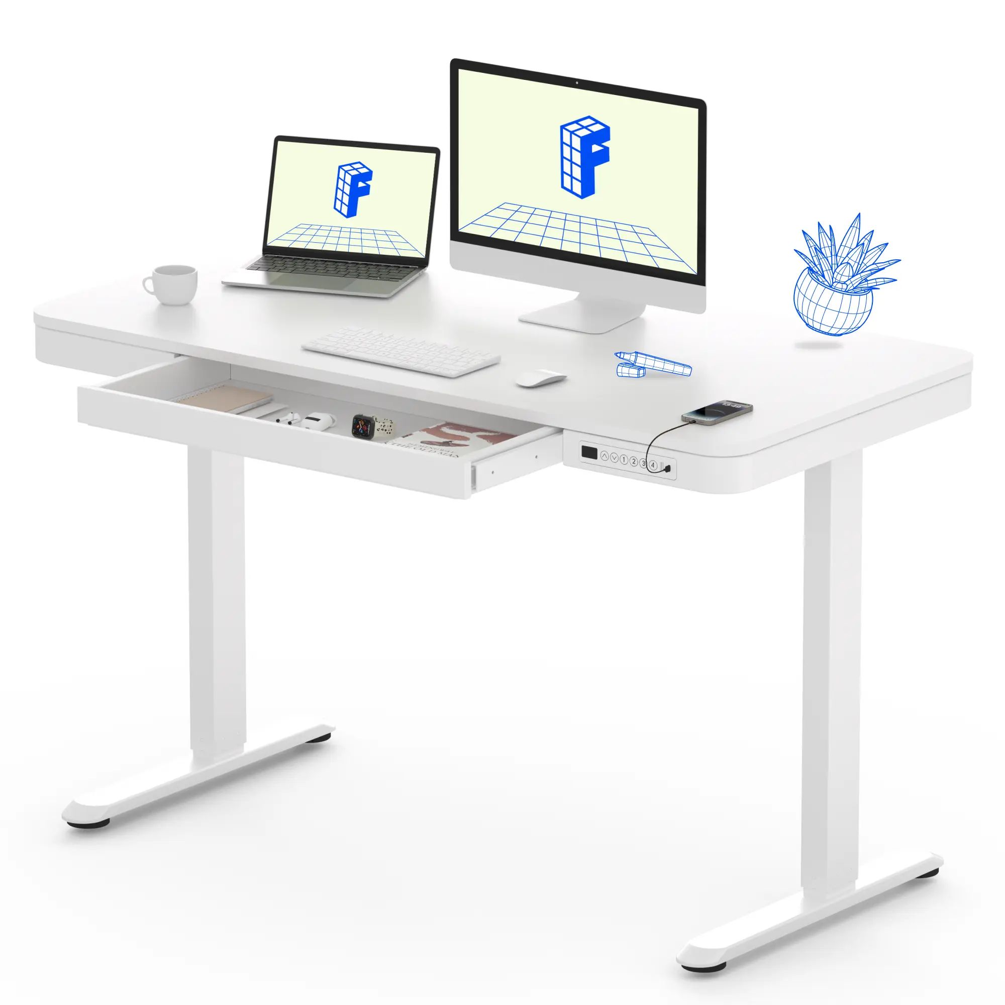 FLEXISPOT Ergonomic Height Adjustable 48x24 In Electric Standing Desk with Integrated Drawer, USB Charging Ports, Standing Desk Converter, Adjustable Work Table, Height Adjustable Desk