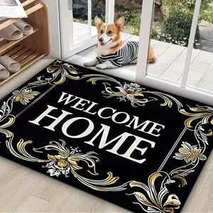 One Floral Patterned Welcome Home Entrance on a Black Background Outdoor Rugs, Kitchen Non-Slip Washable Rugs, Door Mats, Bathroom Mats Outdoor Rugs, Kitchen Decor & Accessories, Home Indoor/Outdoor Decorative Rugs Mats