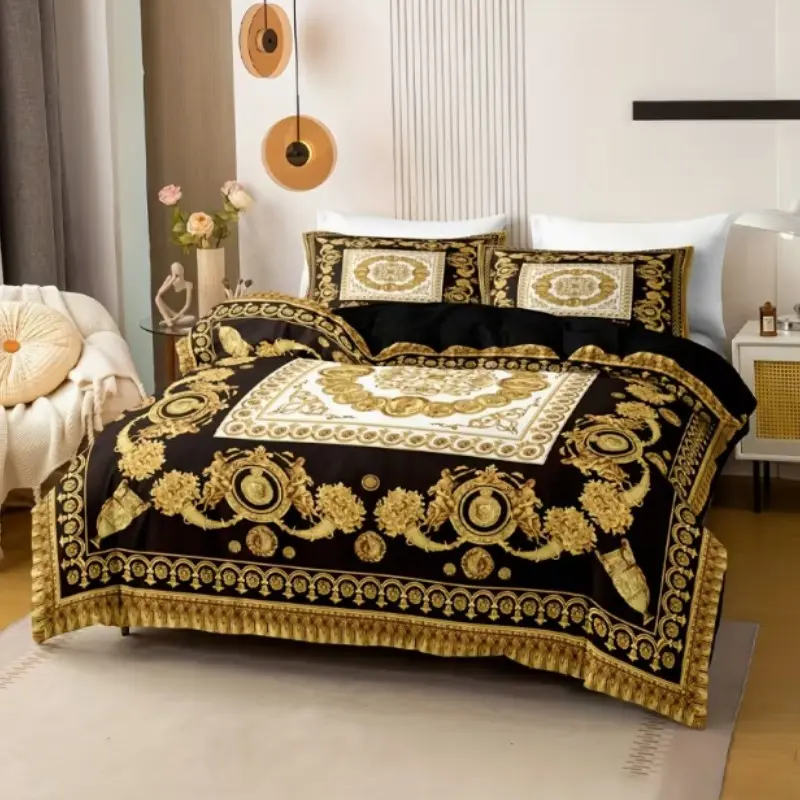 3pcs European Gold Digital Print Quilt Cover Set, Printed Bedding Set, 1 Quilt Cover 2 Pillowcases, 100% Ultra-Light Fiber, Zipper Closure, Decorative Bedding Set