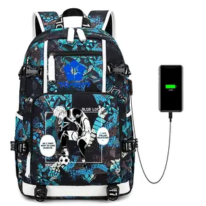 Men's Anime Soccer Print Laptop Backpack - Galaxy, Geometric, Snake Patterns, External USB Charging Port, Large Capacity, Water-Resistant Casual Travel Daypack for Anime Fans