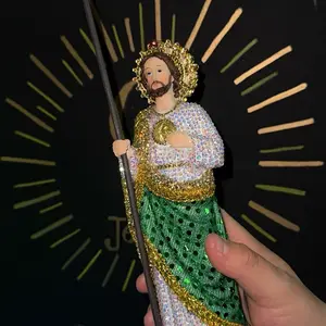 9 Inch Iced Out Saint Jude Statue with Golden Accents and Beaded Detailing for Home Decor Religious Decoration Religious Cross Print