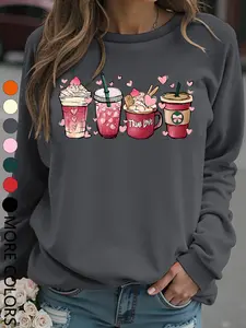 New Casual Creative Milk Tea Print Sweatshirt, Teenage Girls Sportswear, Women's Daily Wear, Fashion Comfortable Long Sleeve Pullover