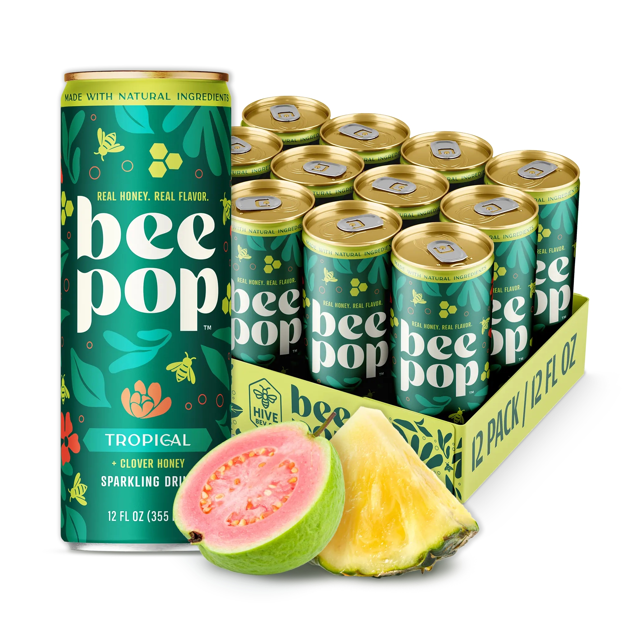 BeePop Tropical Guava Honey Prebiotic Sparkling Drink – 12 Pack