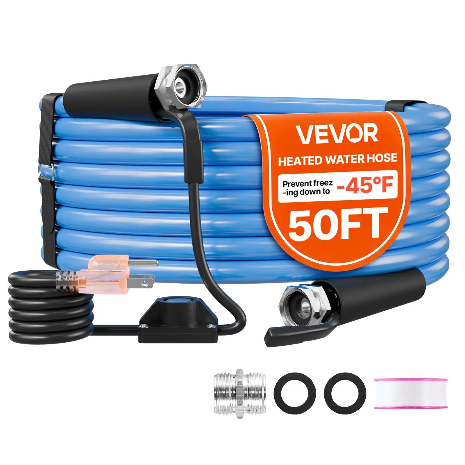 VEVOR 50FT Heated Water Hose for RV Antifreeze to -45°F Drinking Water Hose, 1/2" ID, Smooth Surface, Built-in Thermostat, Freeze & Leak-Proof, Lead and BPA Free, Fast Heating for RV Camping Garden