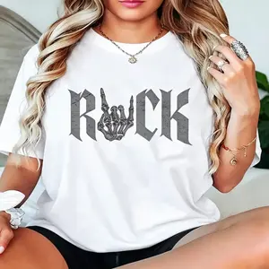 100% Cotton Unisex Rock On Skeleton Hand Rock and Roll Rock Music Band Round Neck Short Sleeve T-Shirt Women's Men Graphic Tee