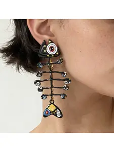 Cross-border casual marine resort style alloy print exaggerated black fish earrings niche design fish skeleton earrings for women