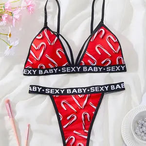 Plus Size Red Candy Cane Print With Love Heart Letter Strap Triangle Bra & Thong, Cross Strape Sporty Cami Bra & Panty Lingerie Set, Women's Curve Sexy Lingerie & Underwear For Christmas And Holiday