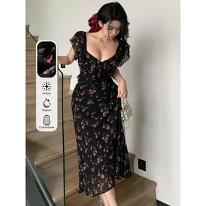 Women's Sweetheart Neck Floral Printed Dress With Ruffle Hem For Summer,Milkmaid Dress Sundress Fabric Polyester Fit Womenswear Shortsleeve Evening