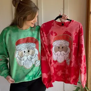 Whimsical Christmas Santa on Acid washed red and green crewnecks.  With arm designs on Sweatshirts Fashion