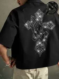 Men's Loose Short Casual Woven Shirt, Rhinestone Cross Print, Button Front, Y2K Street Style, Tropical Summer Fashion Top