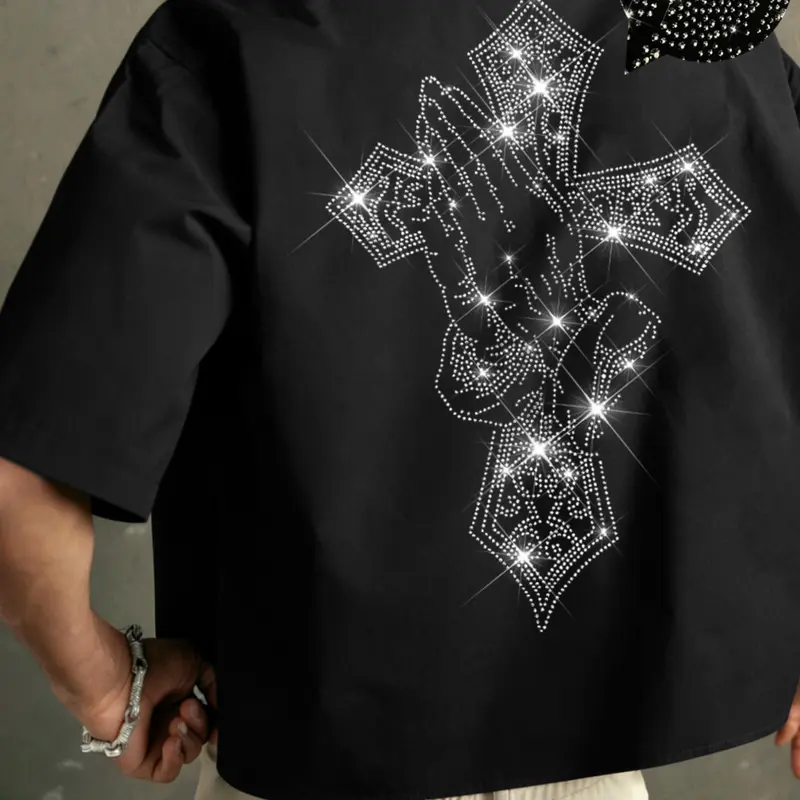 Men's Loose Short Casual Woven Shirt, Rhinestone Cross Print, Button Front, Y2K Street Style, Summer Fashion Top, Casual Clothing Streetwear, Menswear, Button Up Front, Casual Streetwear Style