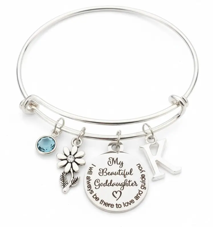 Personalized Goddaughter Charm Bracelet - Expandable Silver Plated Bangle with Custom Initial & Birthstone - Perfect Confirmation Gift